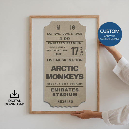 Digital beige concert ticket poster, personalised vintage design, perfect printable music keepsake.