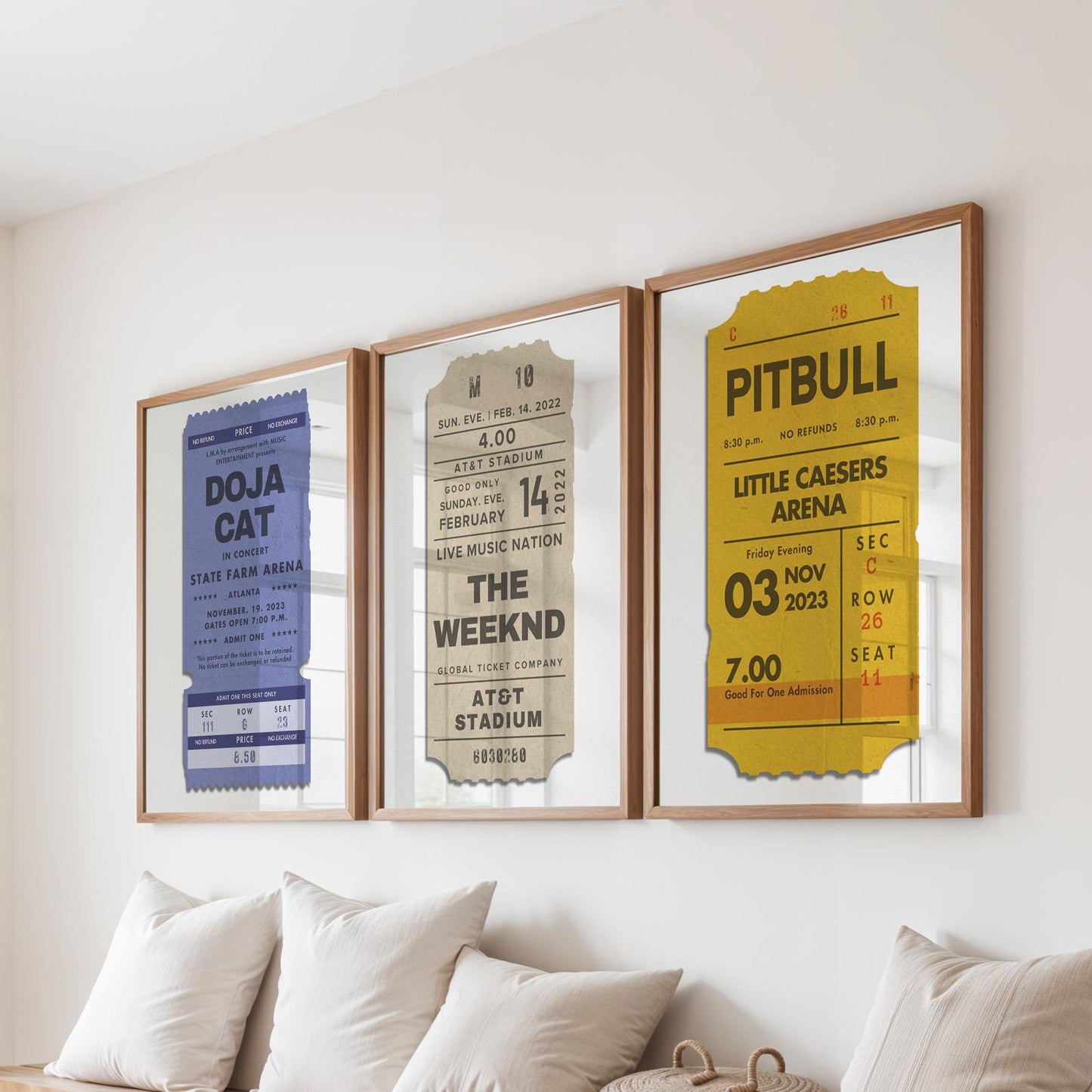 Trio of custom vintage music ticket posters in beige, blue, and mustard, perfect nostalgic gift set. Easy to order print and frame.