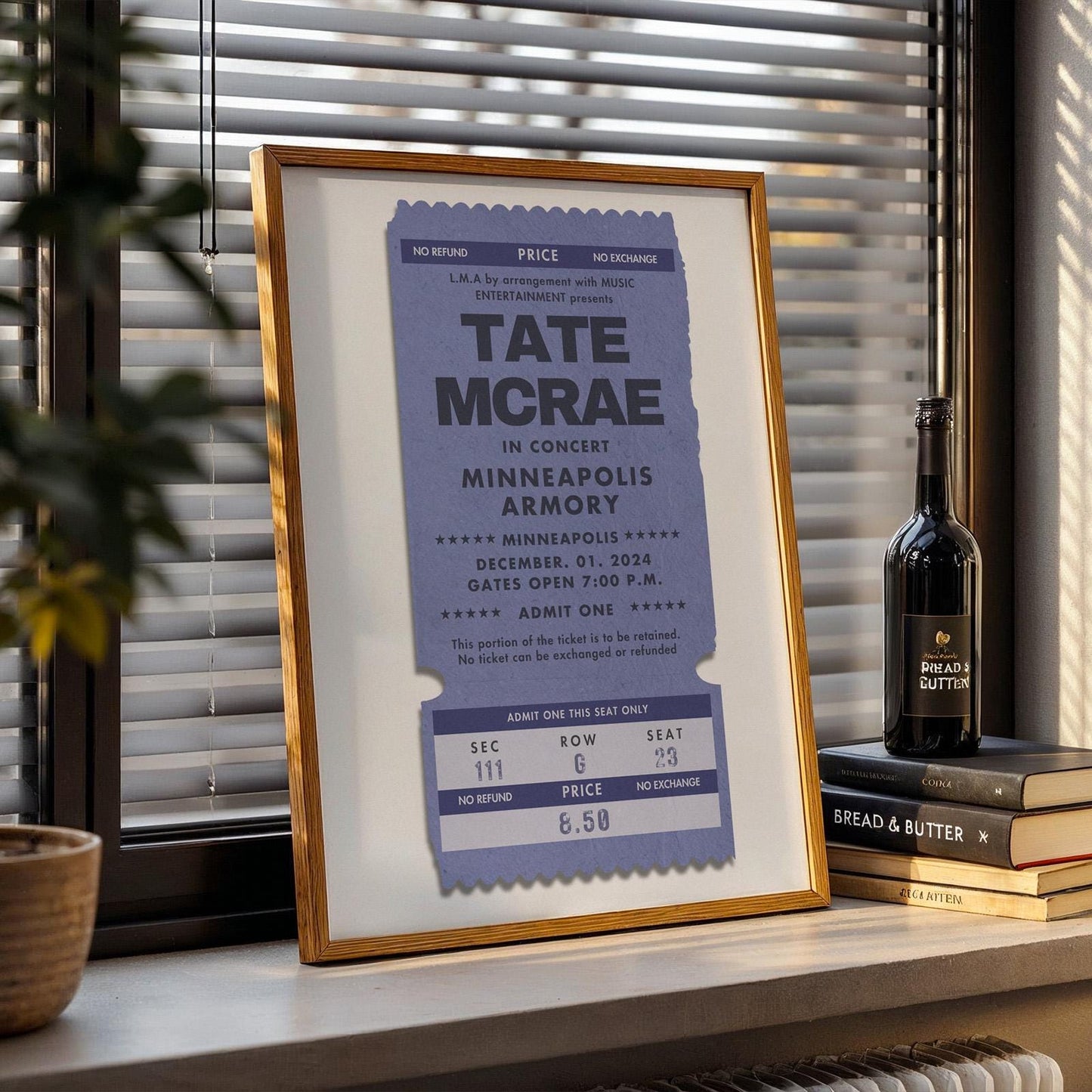 Personalised concert ticket set, downloadable vintage prints in mustard yellow, dusty blue, and cream.
