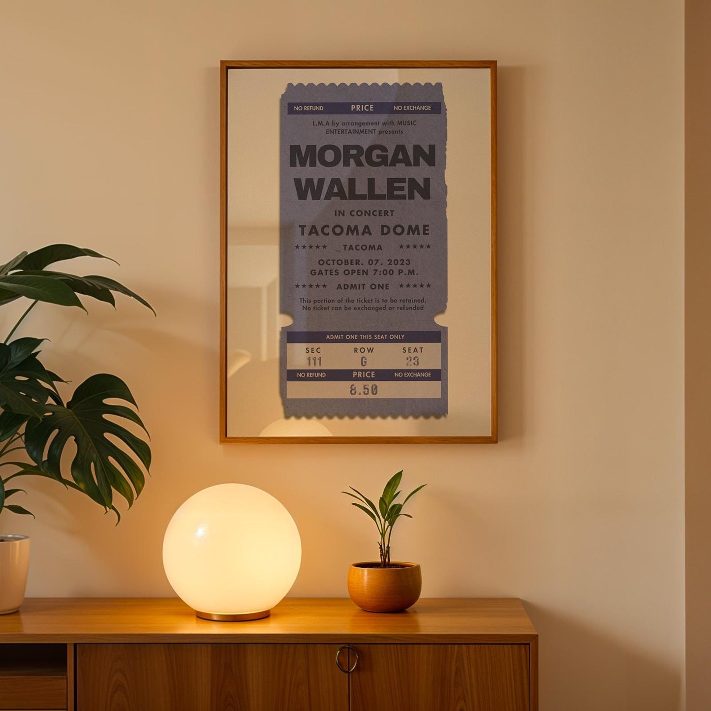 Printable bundle of three personalised concert tickets, neutral, blue, and mustard tones for framing.