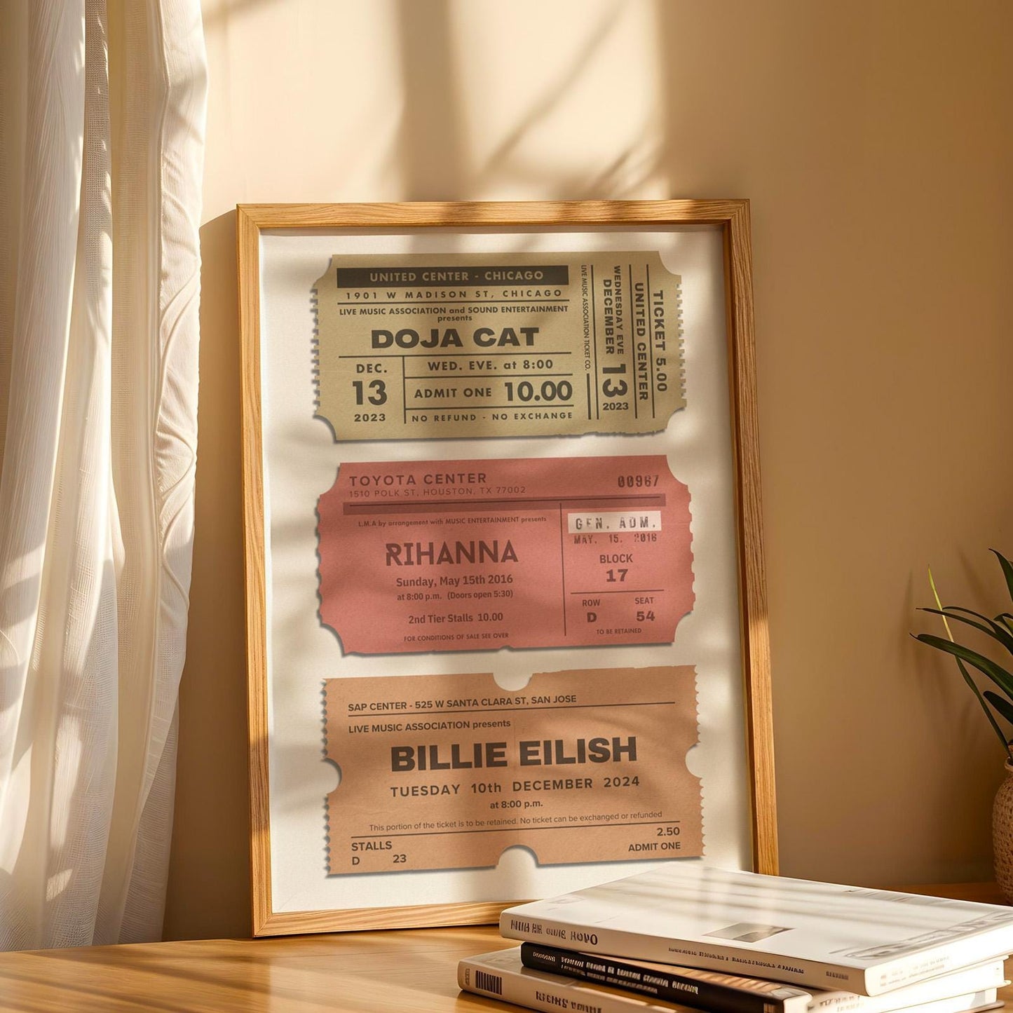 Nostalgic music memory print, framed and leaning on a wooden shelf, with three custom music tickets.