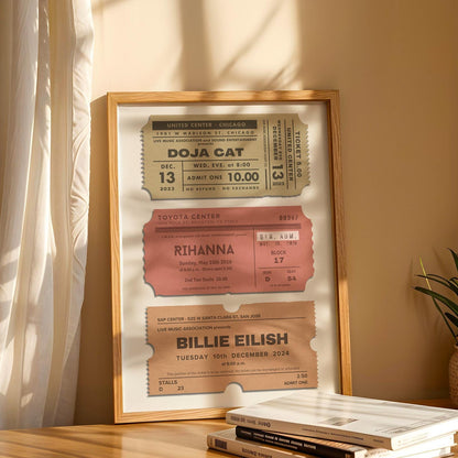 Nostalgic music memory print, framed and leaning on a wooden shelf, with three custom music tickets.