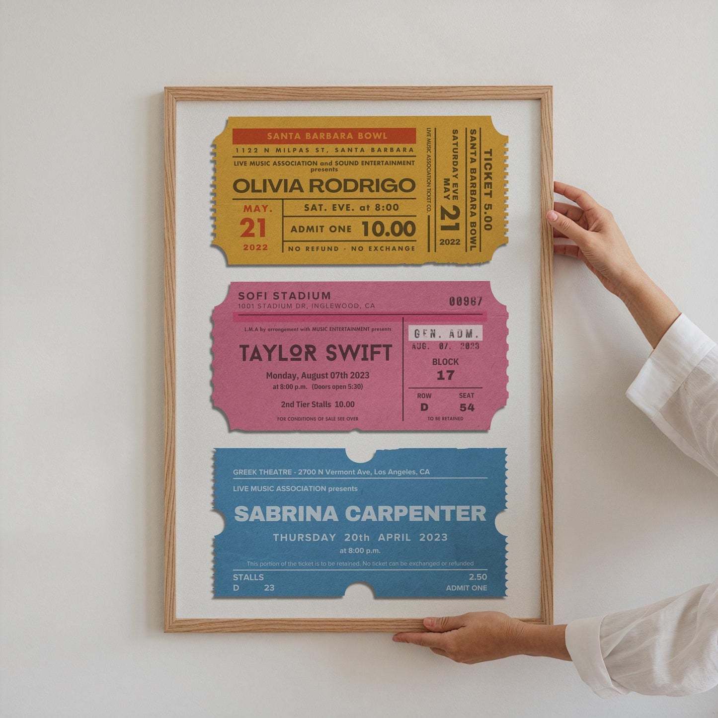 colourful print with trio of personalised festival events, available in pastel, retro, or vintage colour schemes.