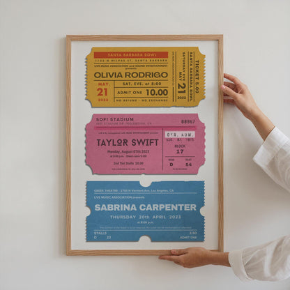 colourful print with trio of personalised festival events, available in pastel, retro, or vintage colour schemes.
