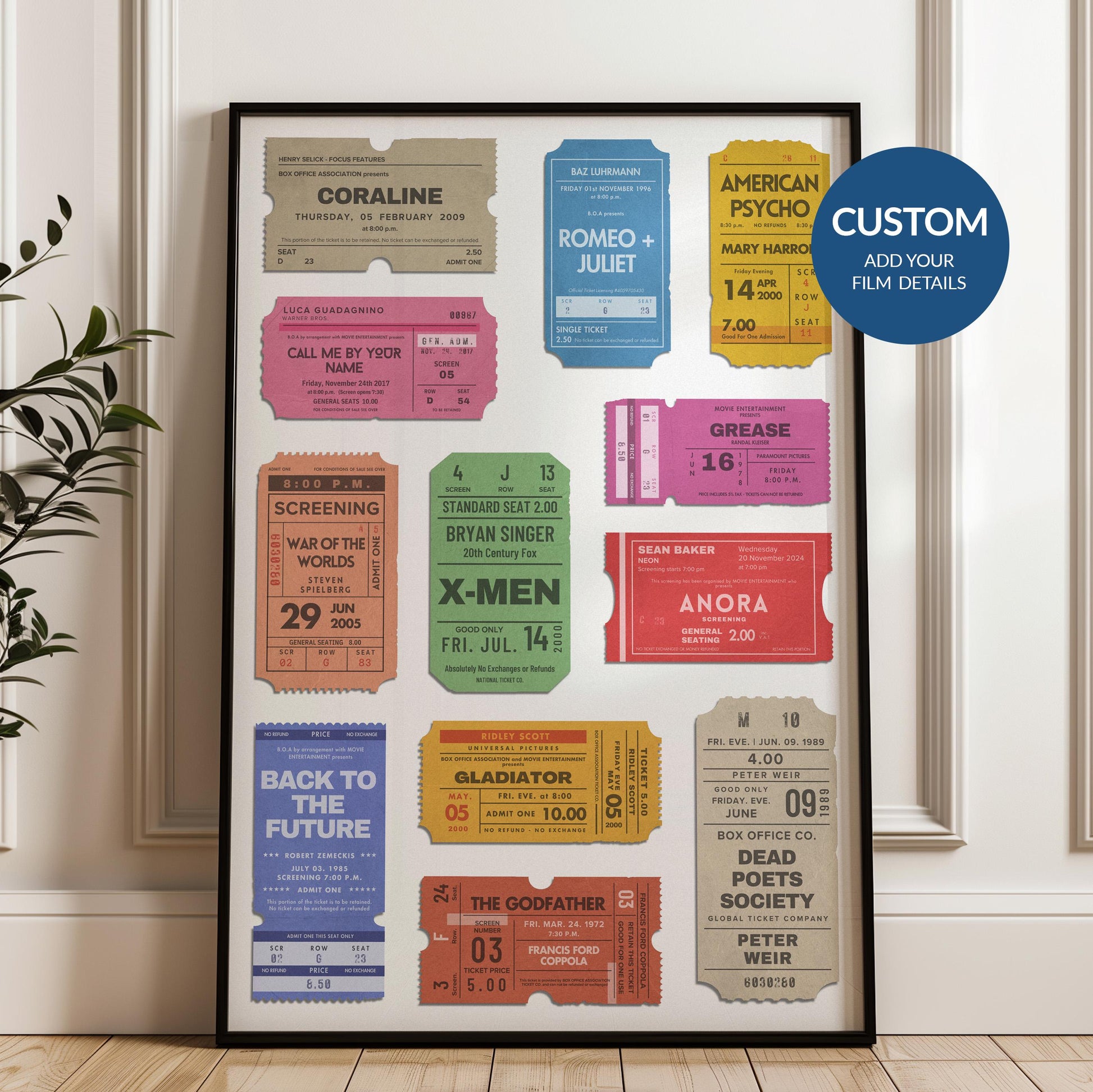 Customizable film theatre stubs poster, perfect nostalgic cinema gift for blockbuster film and movie lovers.