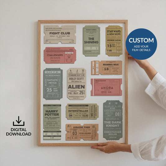 Digital customizable vintage film stubs poster, nostalgic cinema gift for blockbuster film and movie lovers.