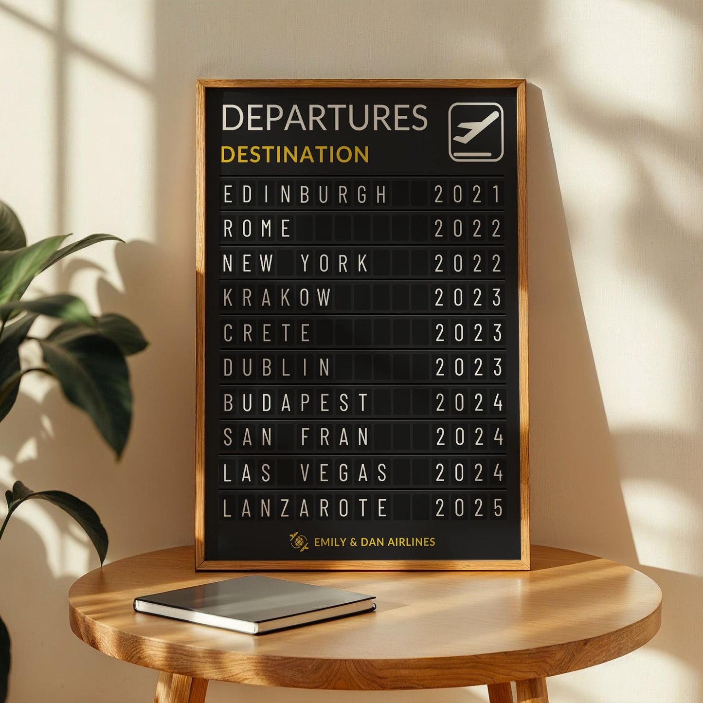 Departure board wall art with your favourite trips and travel dates framed keepsake for globe trotters