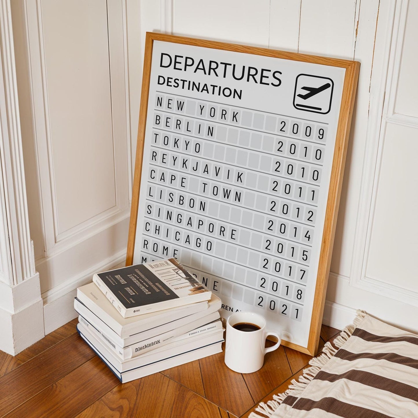 Personalised travel print in retro departure board style framed and perfect for travel themed home decor. leaning in bedroom
