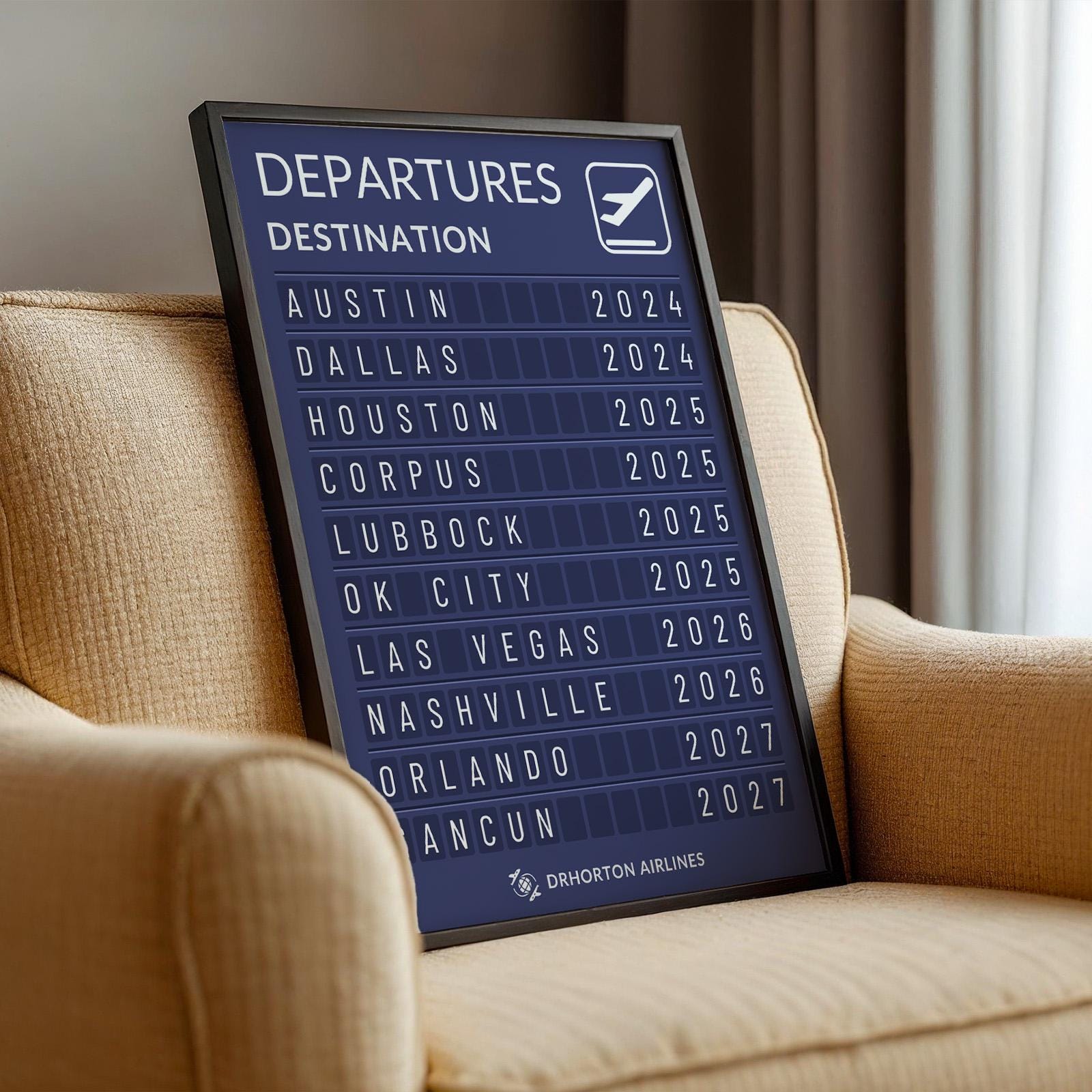 Nostalgic travel print custom departure board style featuring your trips in vibrant colors for wall decor