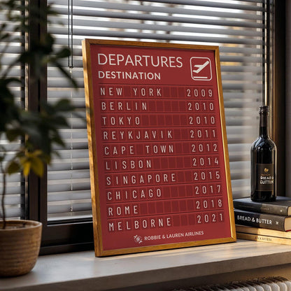 airport board personal art piece with your own travel destinations and dates of your trip.