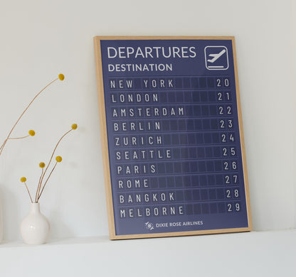 Personalised airport board digital print with travel destinations and dates nostalgic gift for adventurers leaning on wall