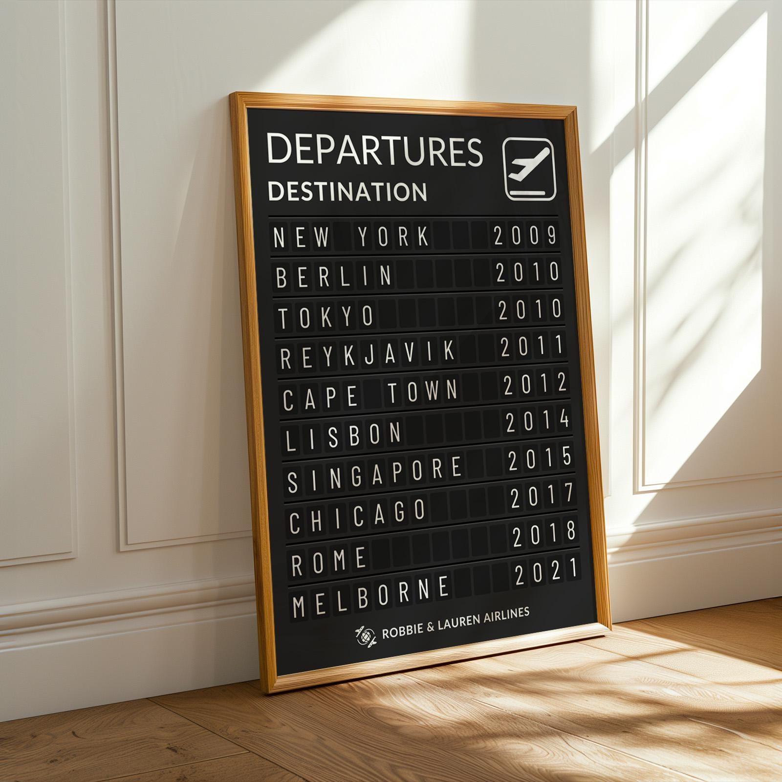 Printable departure board wall art digital format with custom travel memories and holiday dates. A thoughtful unique idea.