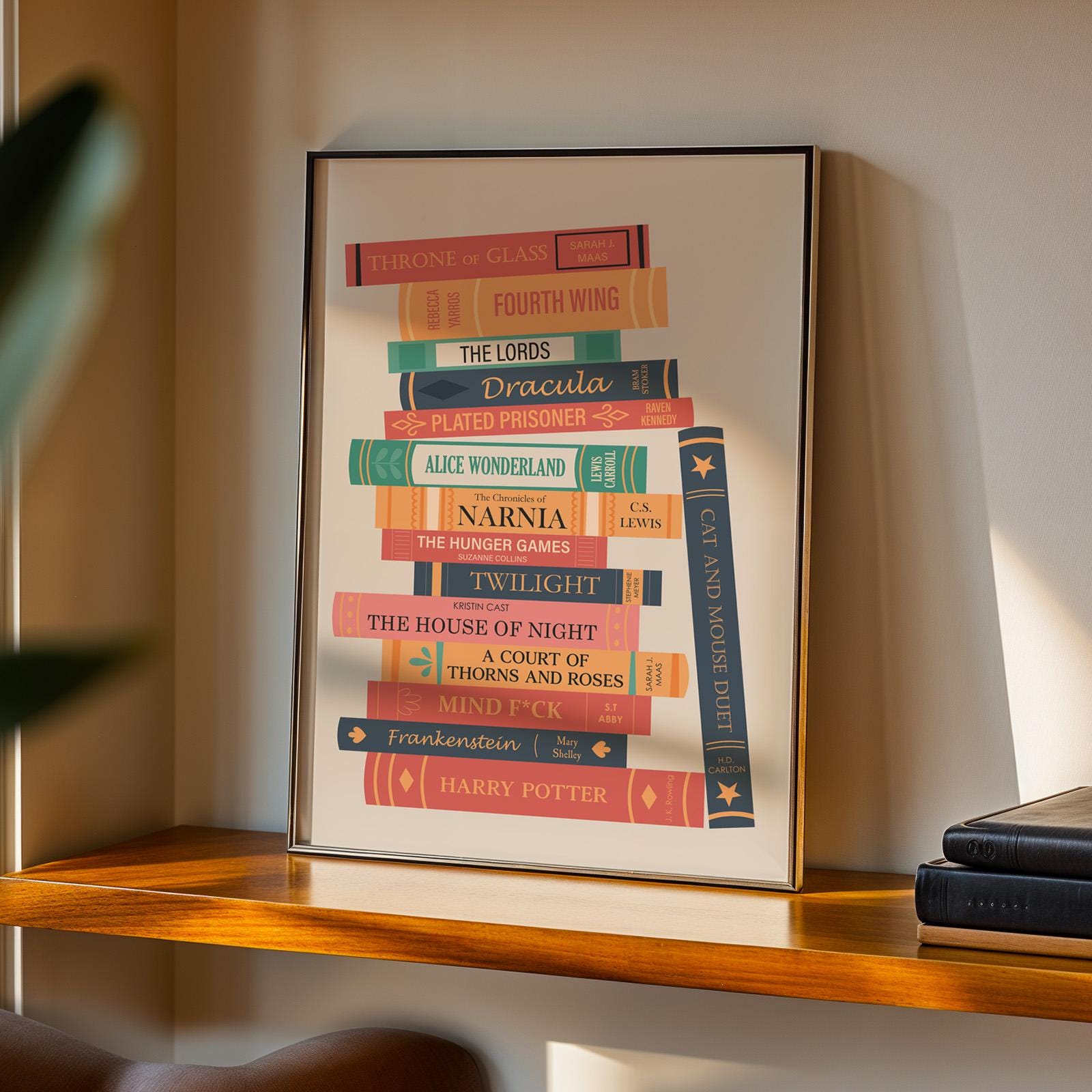Colorful custom book print framed and styled for bookish shelf BookTok vibes and cozy reading spaces