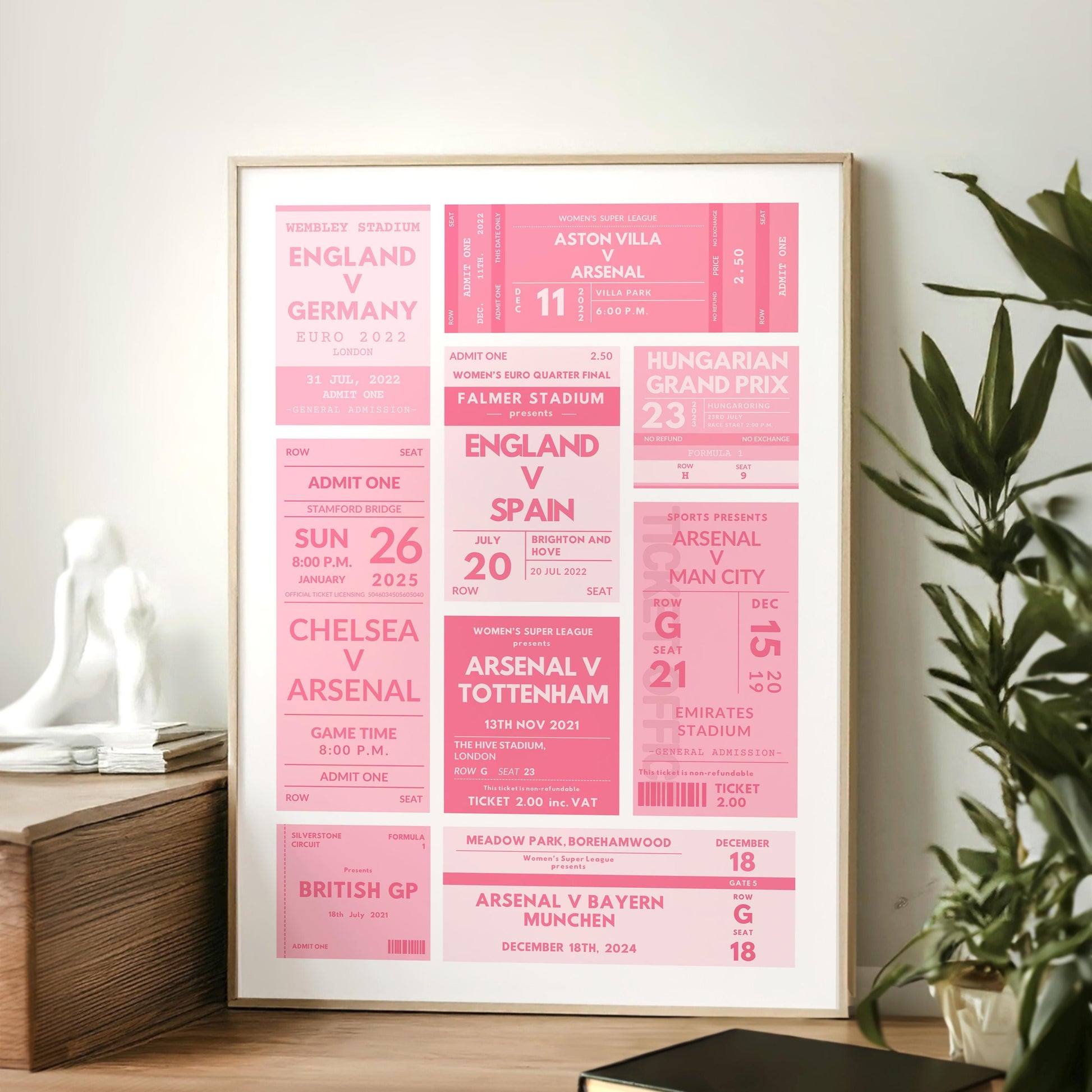 Framed vintage tickets print, customizable with your events and games, ideal nostalgic gift for sports fans.