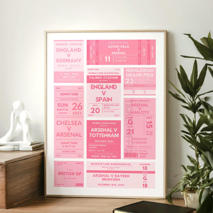 Framed vintage tickets print, customizable with your events and games, ideal nostalgic gift for sports fans.