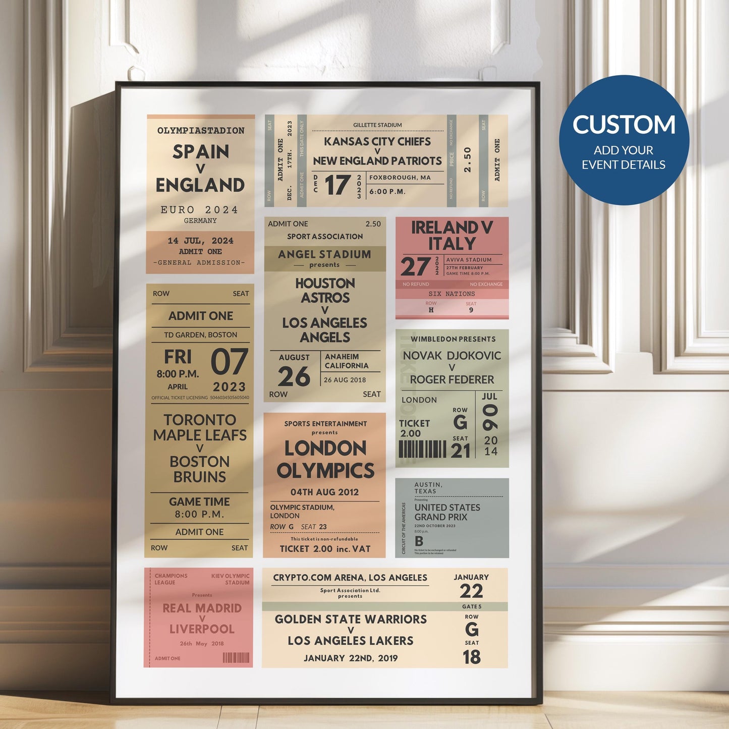 Customizable vintage game event wall art, perfect nostalgic gift and keepsake for football, rugby, hockey, NFL, basketball fans.