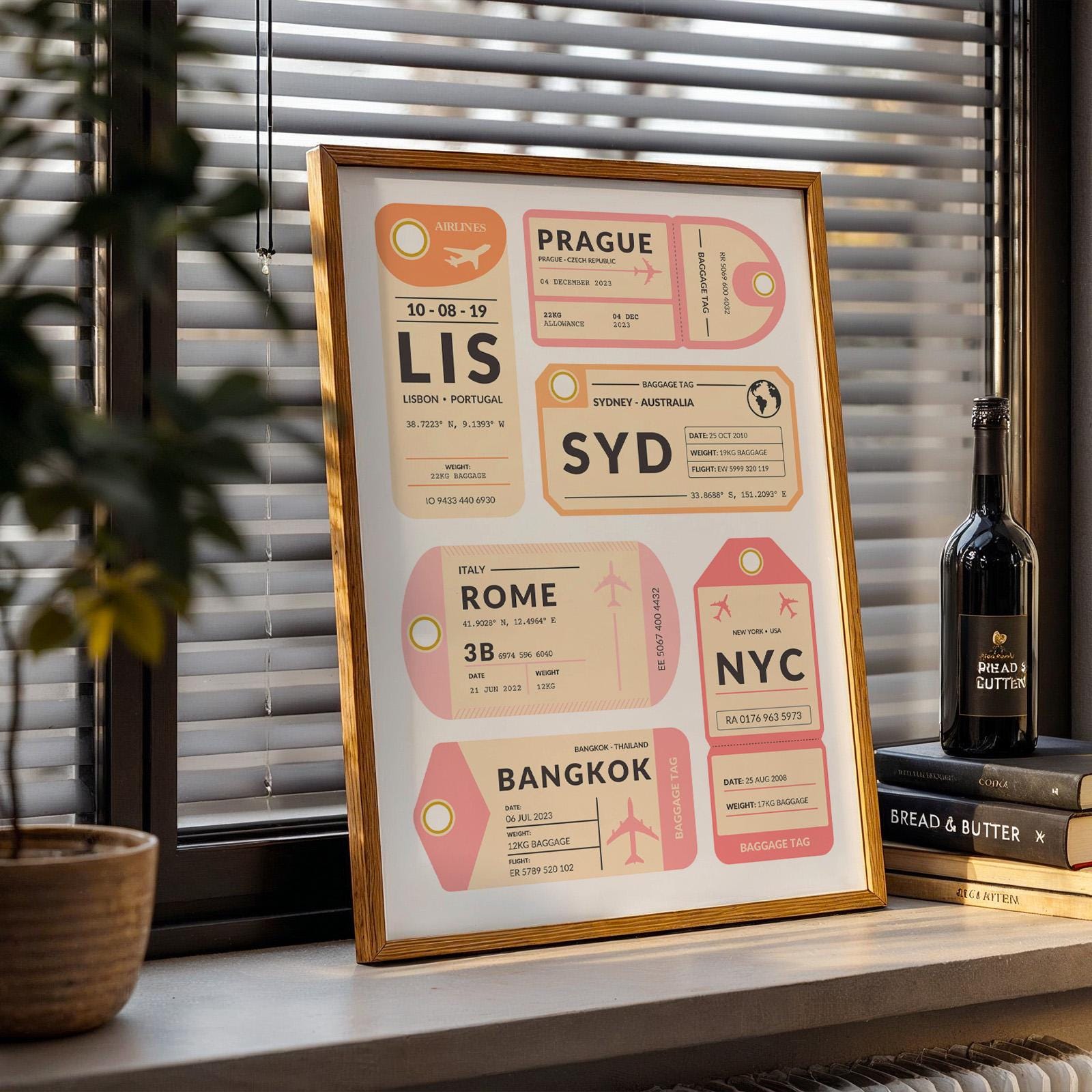 Nostalgic airport code art print for travellers, framed leaning on wall in trendy pink great holiday or flight-inspired gift.
