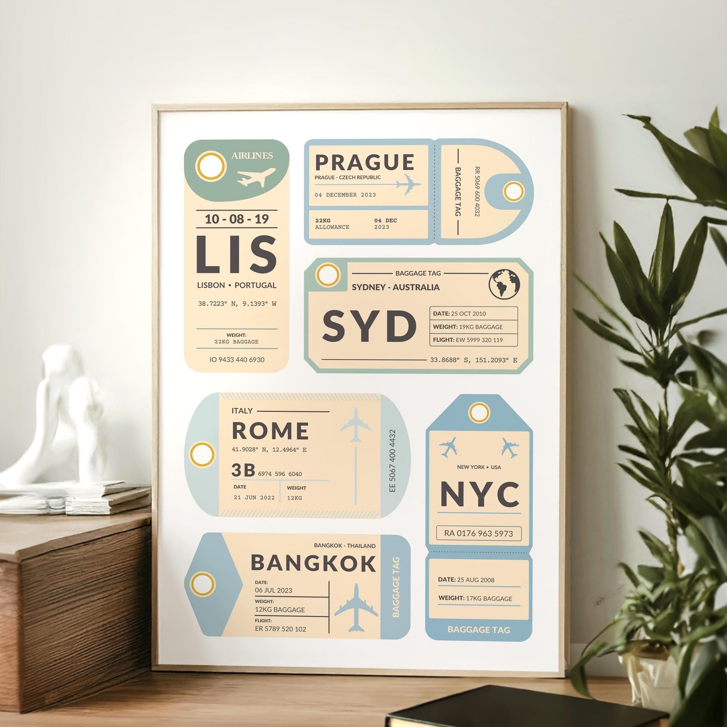 Vintage-style airport luggage tag blue colour palette print, framed and ideal for holiday gift or travel-themed keepsake