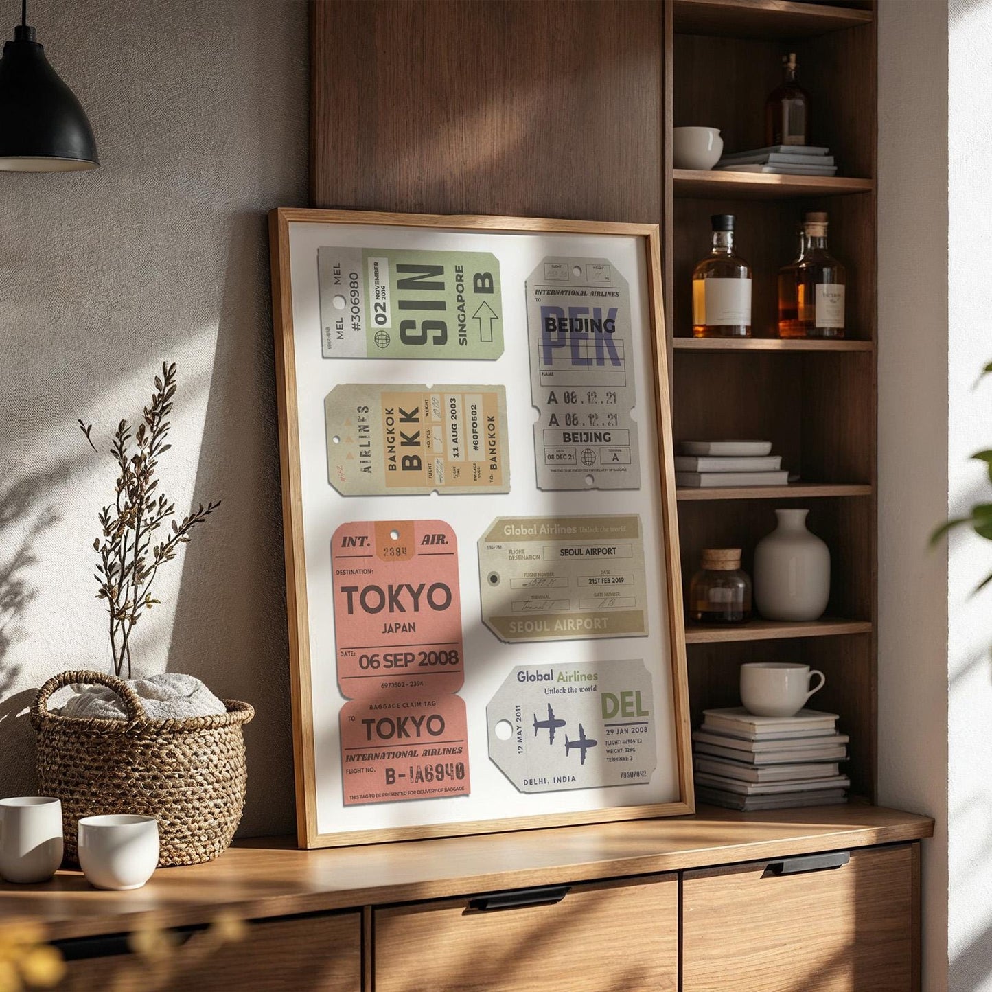 framed print of personalised airport luggage tags, ideal gift for frequent flyers and holiday keepsake collectors