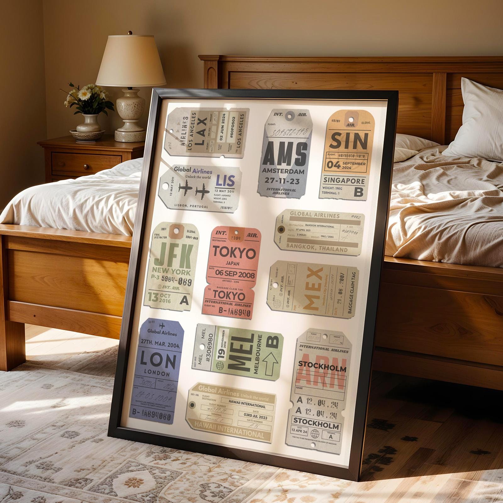 Nostalgic personalised airport tag Custom Vintage Luggage Tag Poster in bedroom, framed travel gift perfect for jetsetters and flight memories.