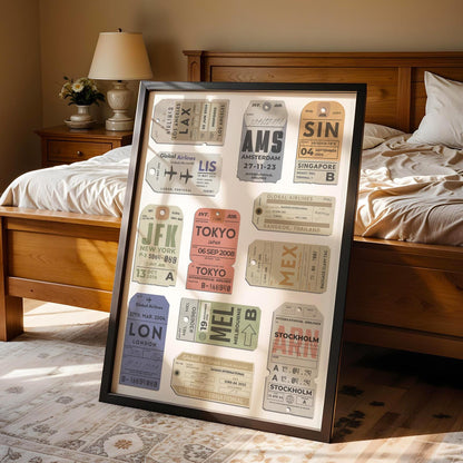 Nostalgic personalised airport tag Custom Vintage Luggage Tag Poster in bedroom, framed travel gift perfect for jetsetters and flight memories.