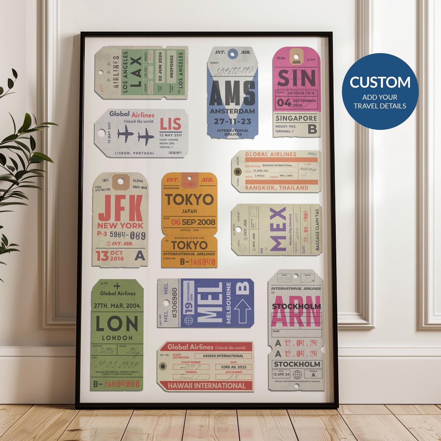 Framed Custom Vintage Luggage Tag Poster, perfect physical gift for travellers and nostalgic holiday memories