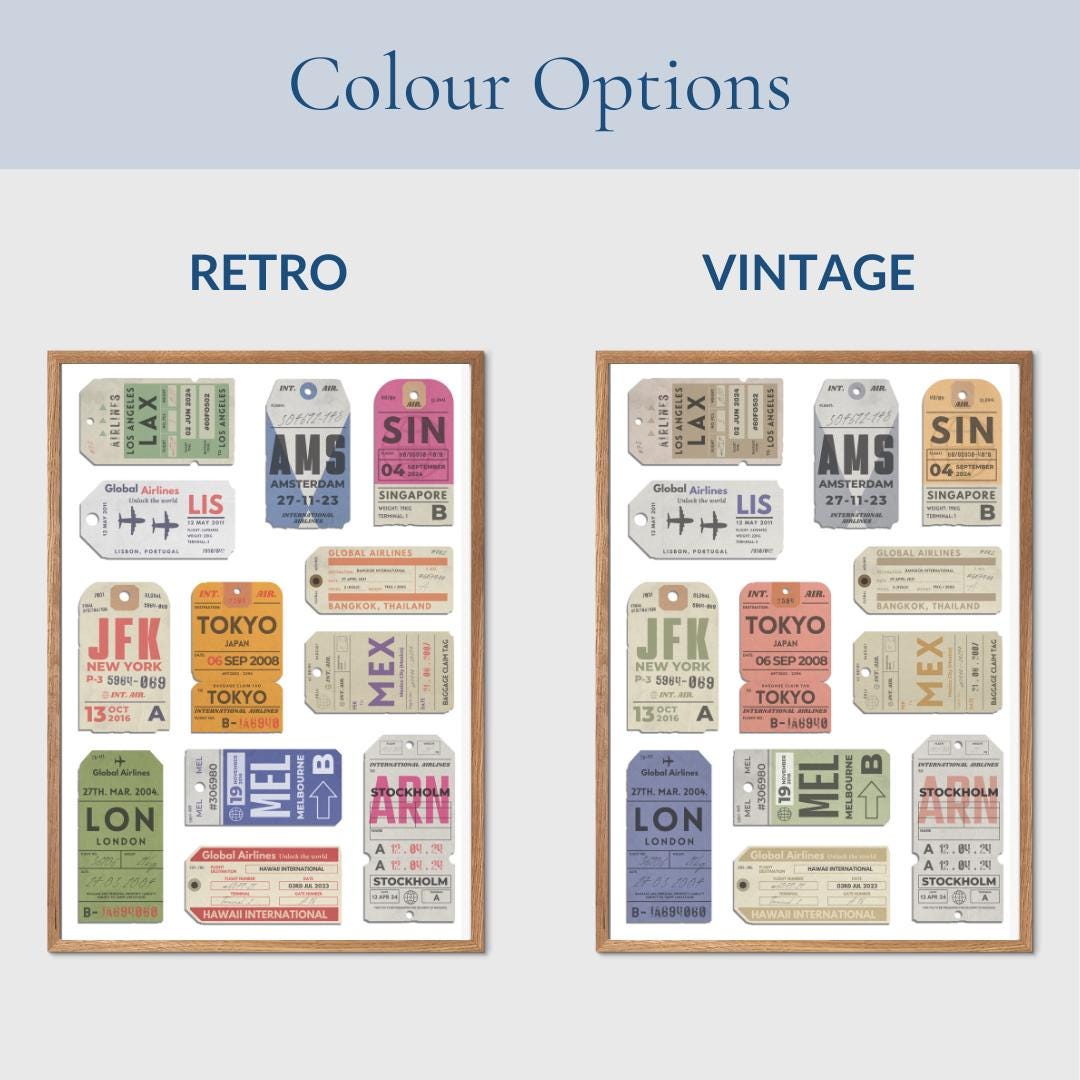 personalised airport code poster for travellers available in a vibrant retro or muted vintage colour scheme.
