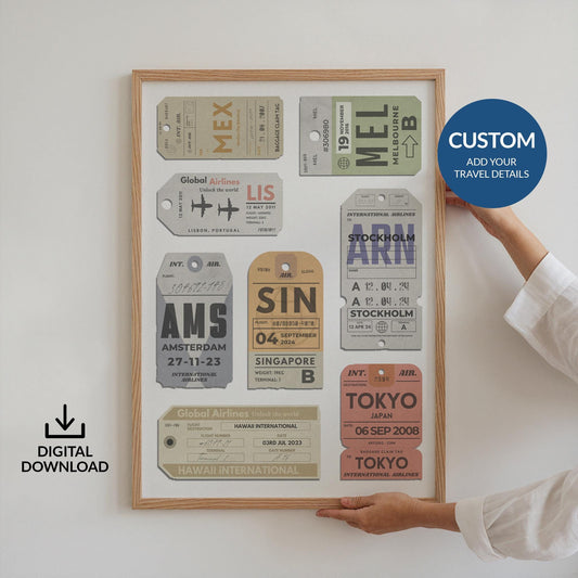 Printable vintage airport tag poster, digital download gift for travellers and flight-inspired holiday décor
