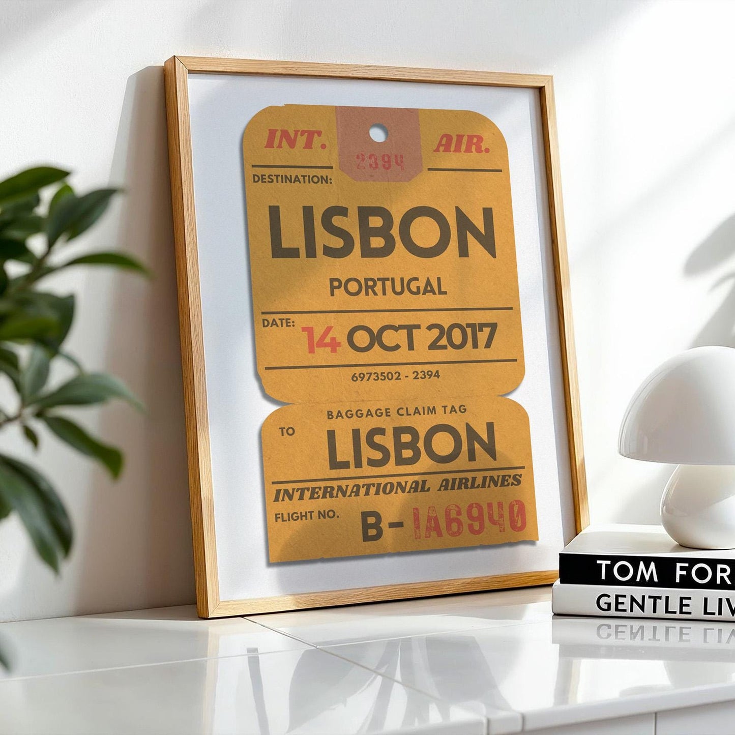 Ticket-inspired travel poster in butter yellow, customised with locations and dates for a personal touch. perfect gift idea
