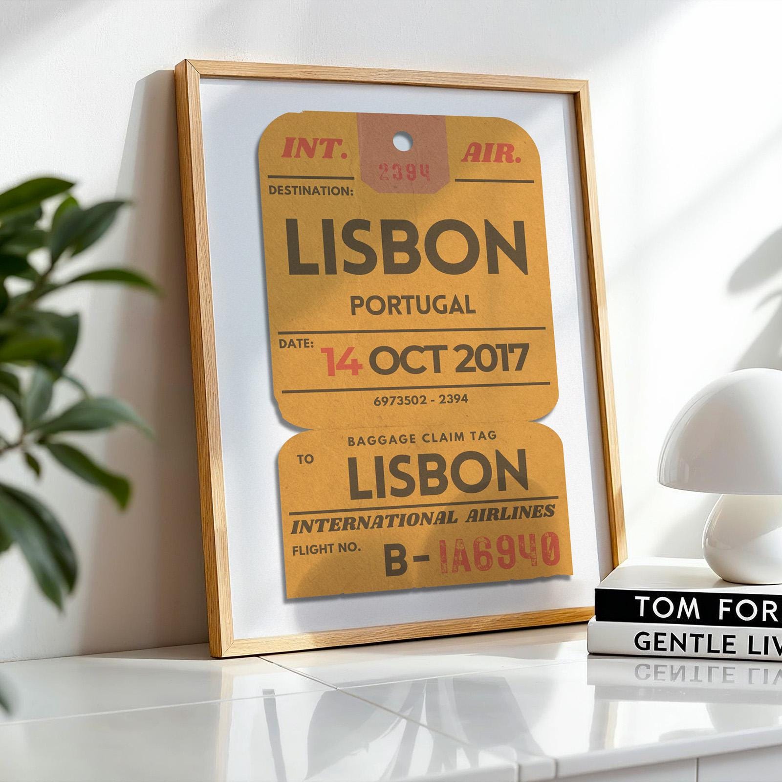 Ticket-inspired travel poster in butter yellow, customised with locations and dates for a personal touch. perfect gift idea