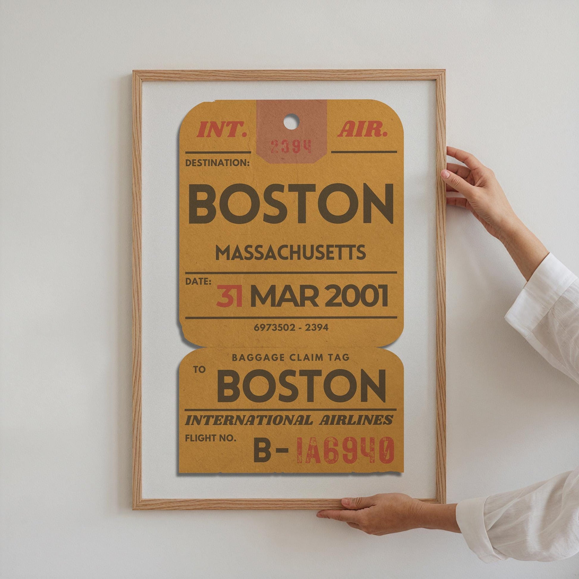 Vibrant trendy yellow travel ticket print, personalised with your trip dates and destination details.