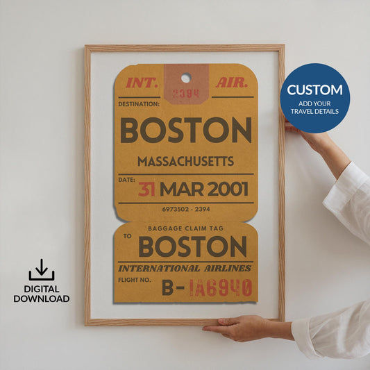 Digital vintage yellow luggage tag poster, customizable travel gift idea flights, holidays, and nostalgic traveller memories.