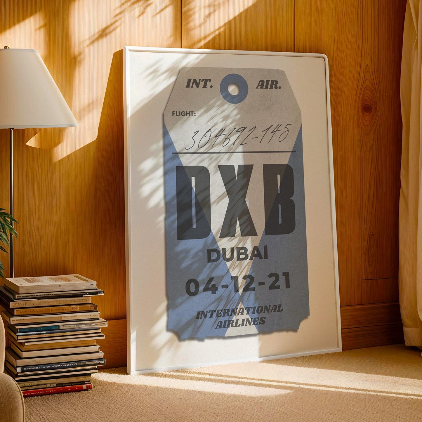 trendy bespoke framed blue luggage tag vintage poster in office, custom travel gift for holidays and nostalgic flights.