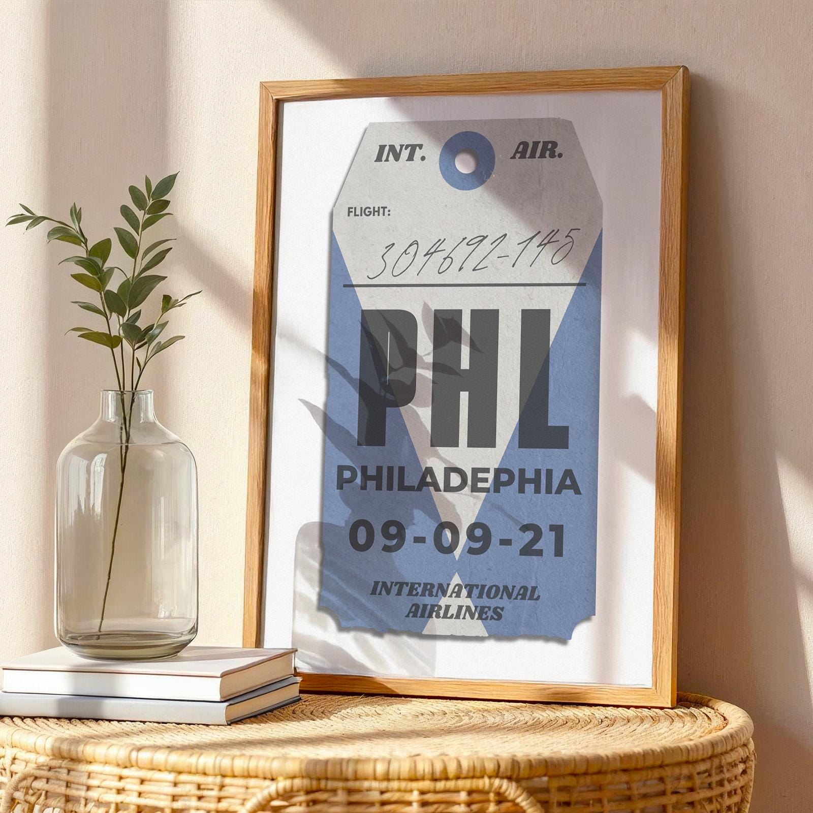 leaning on wall blue luggage tag vintage poster, personalised gift for nostalgic travel memories and holiday flights.