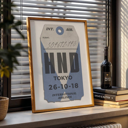 Blue luggage tag digital poster, personalised and bespoke vintage travel gift for holiday flights and nostalgic memories.