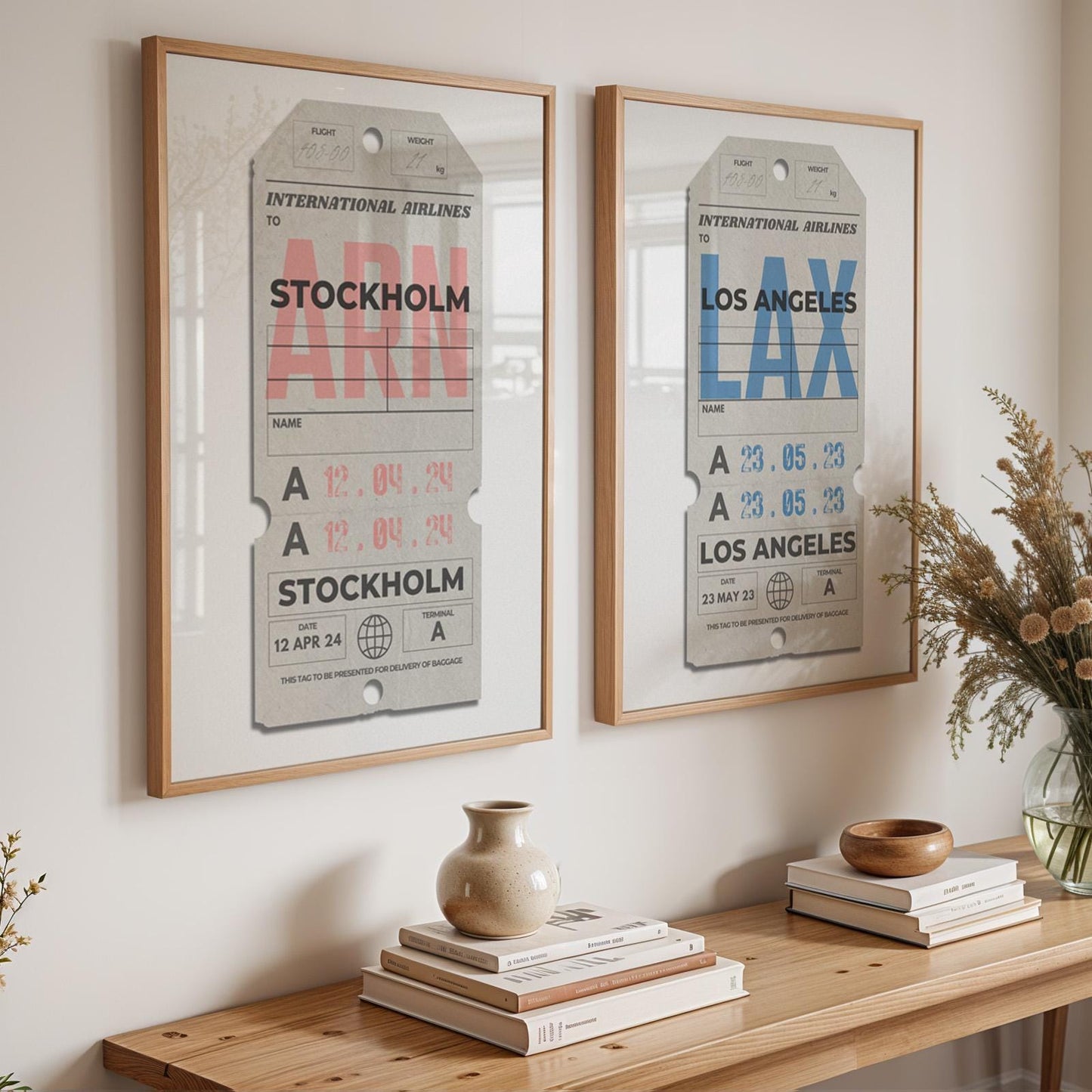 Framed neutral flight pass traveller wall art leaning on wall, custom travel gift for nostalgic airport memories and holiday flights.