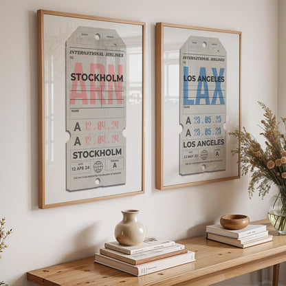 Framed neutral flight pass traveller wall art leaning on wall, custom travel gift for nostalgic airport memories and holiday flights.