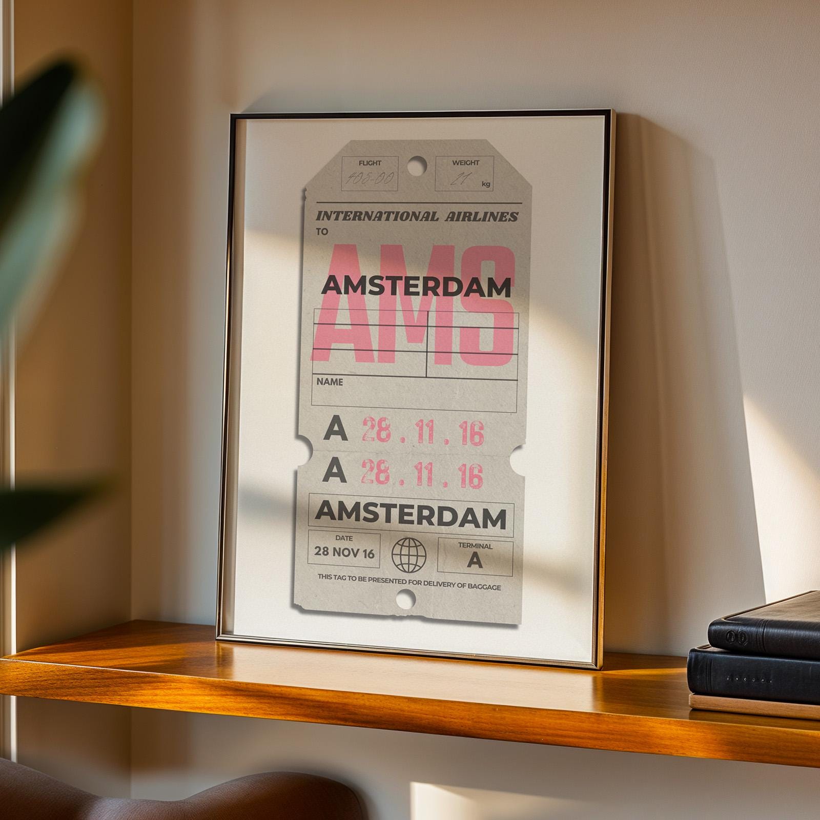 Beige luggage tag vintage poster, black frame version, ideal gift for travellers and holiday keepsakes.