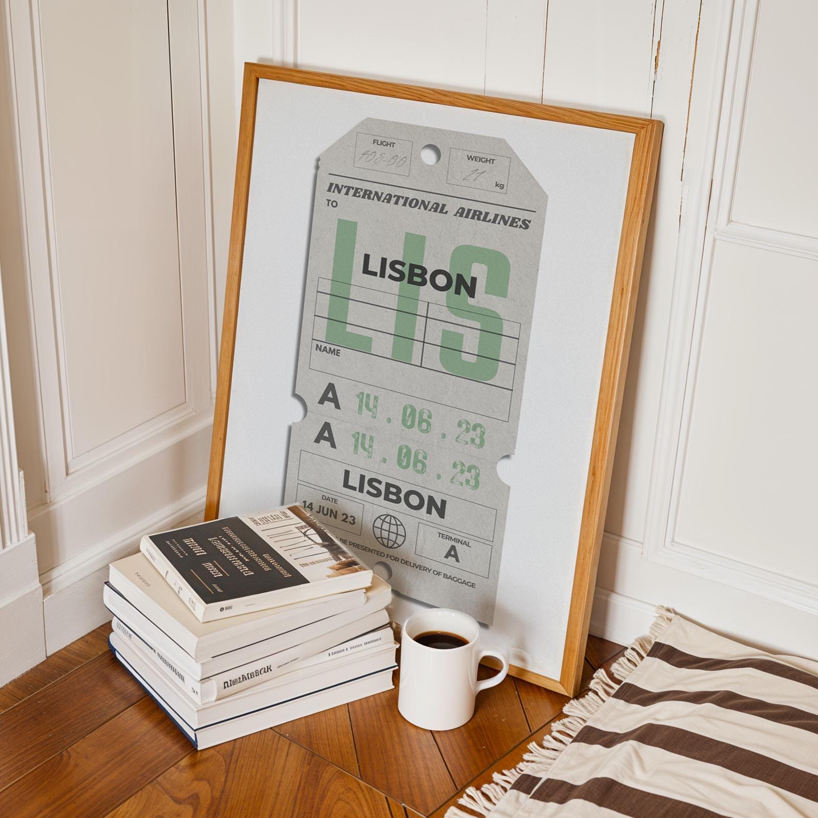 Framed cream departures tags travel print leaning on floor, bespoke holiday travel gift for flights and memory keepsakes.