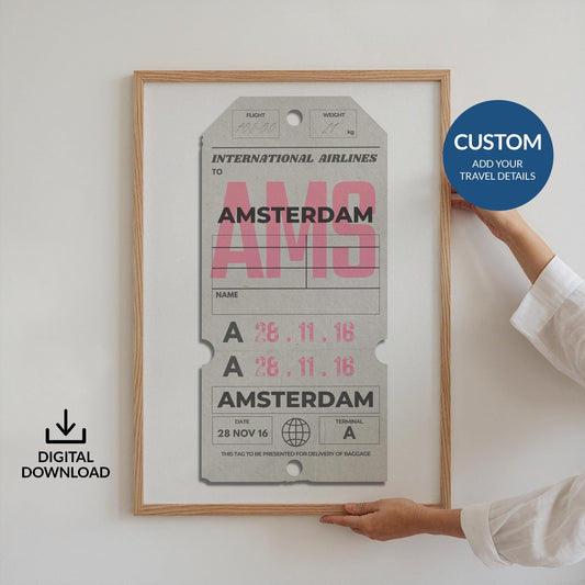 Digital beige airport pass travel art, personalised travel gift for holidays, flights, and nostalgic memories.