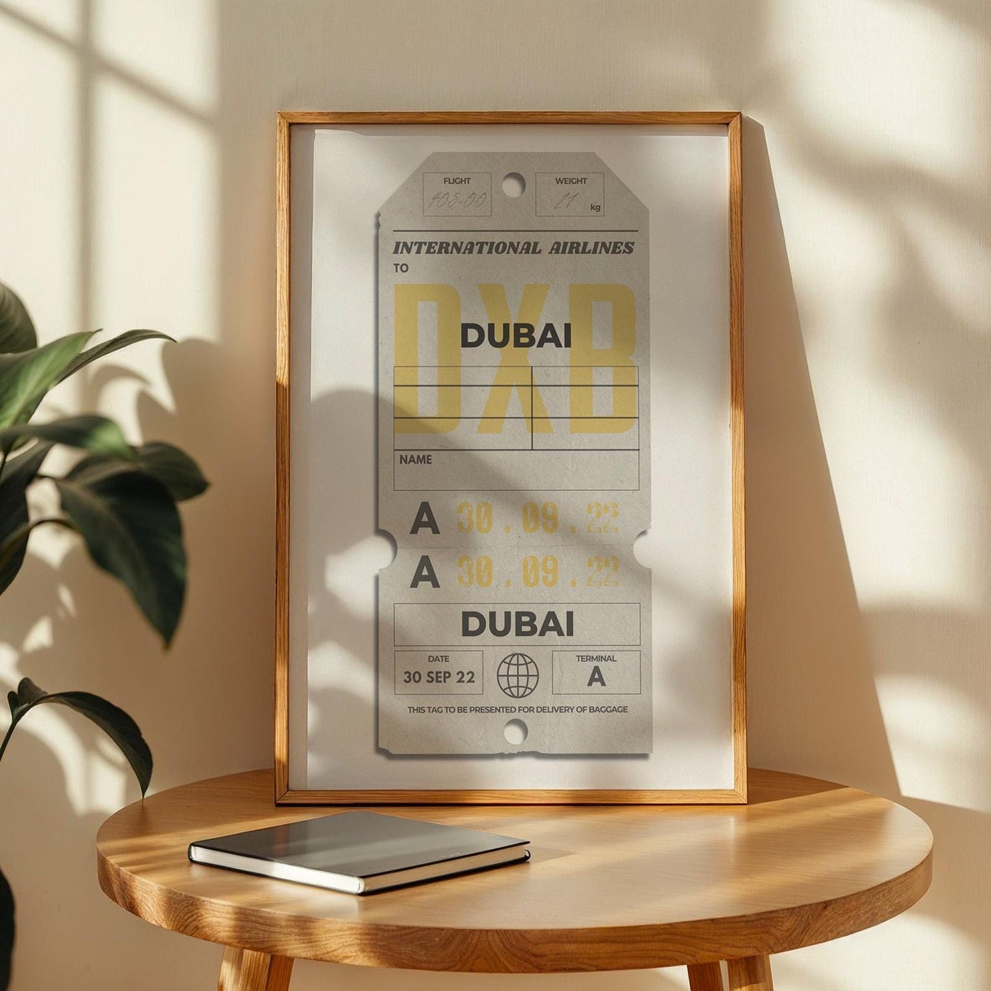 Digital cream luggage tag poster, personalised and bespoke backpacking gift for holidays, flights, and keepsake moments.