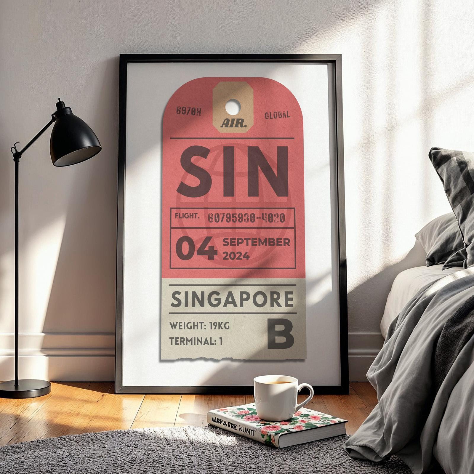 one of a kind red luggage tag poster, bespoke vintage travel gift perfect for holiday flights and keepsake memories.