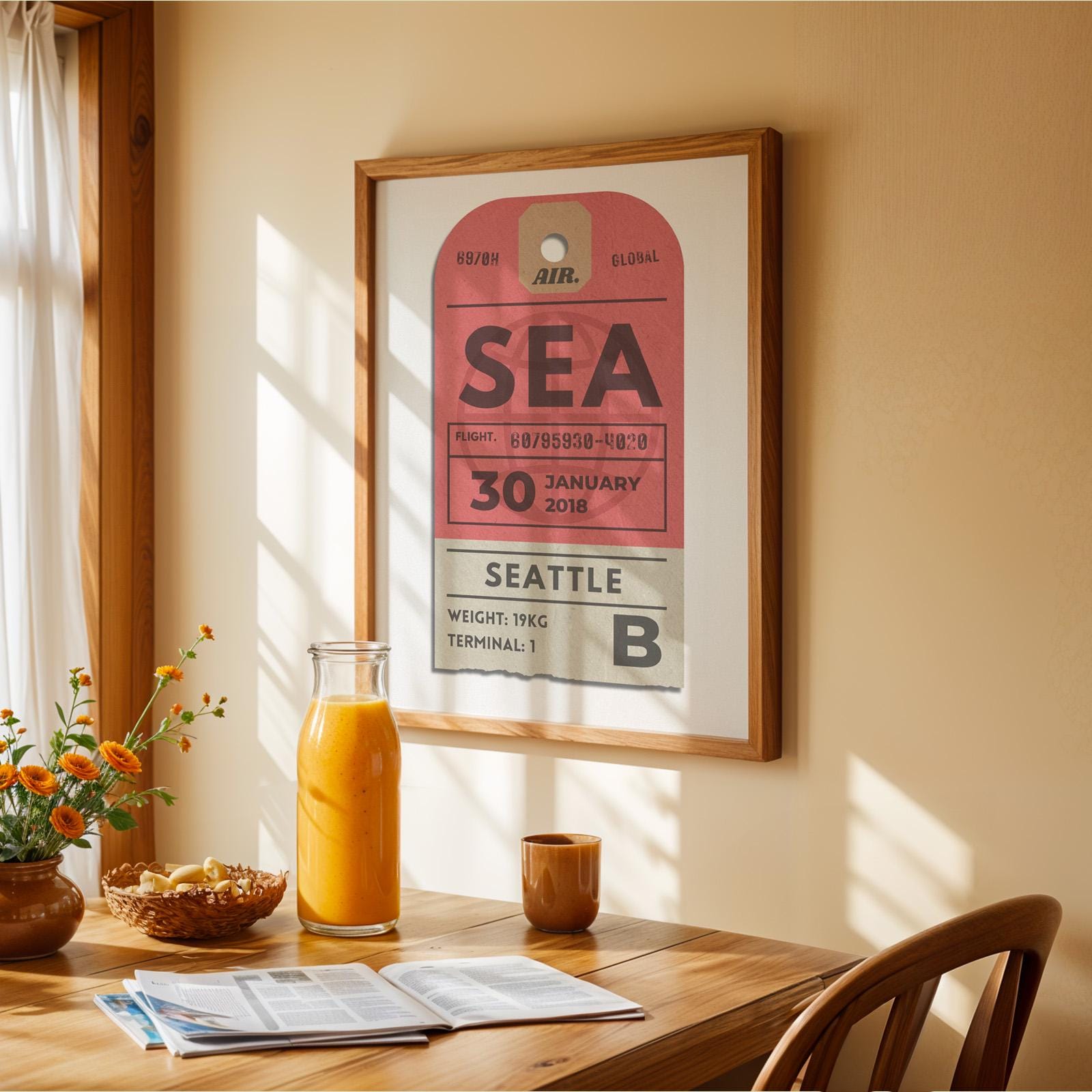 Personalised colourful airport pass travel print, ideal nostalgic travel gift for holidays and airport decor.