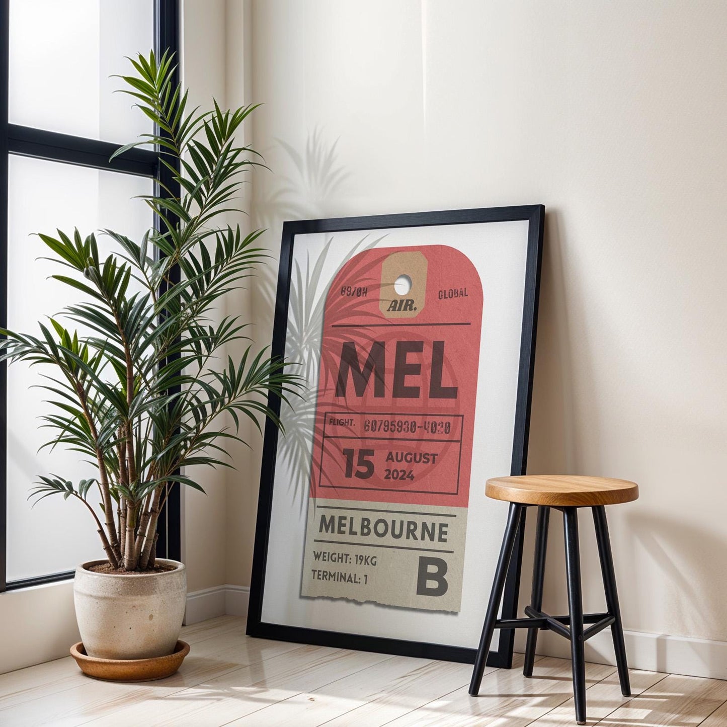 Red luggage tag framed poster, vintage travel-inspired vibrant print for holidays, flights, and gift-giving