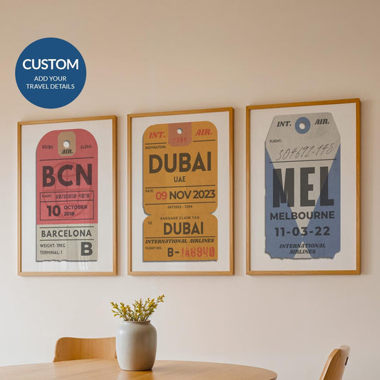 Set of 3 vintage luggage tag posters in red, yellow, and blue, nostalgic travel trio bundle for flights and holidays.