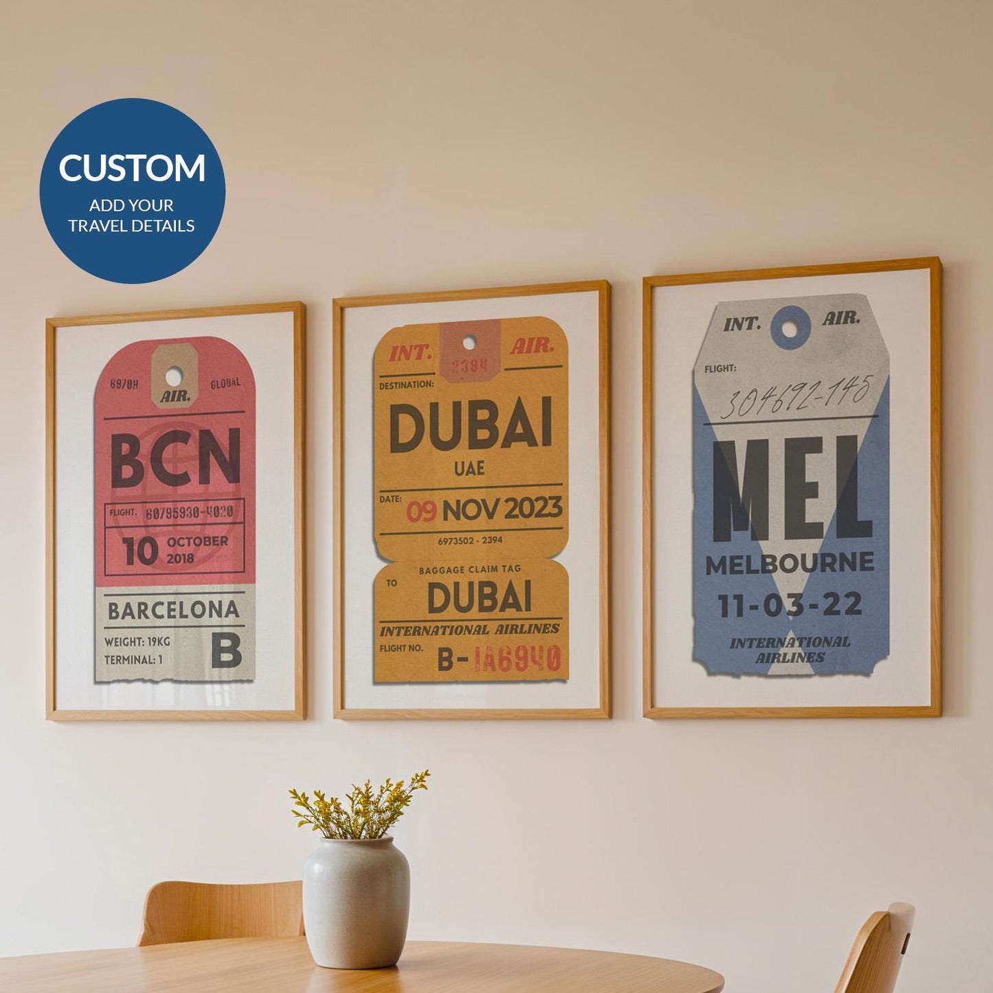 Trio bundle airport travel art in red, yellow, and blue, nostalgic travel trio bundle for flights and holidays.