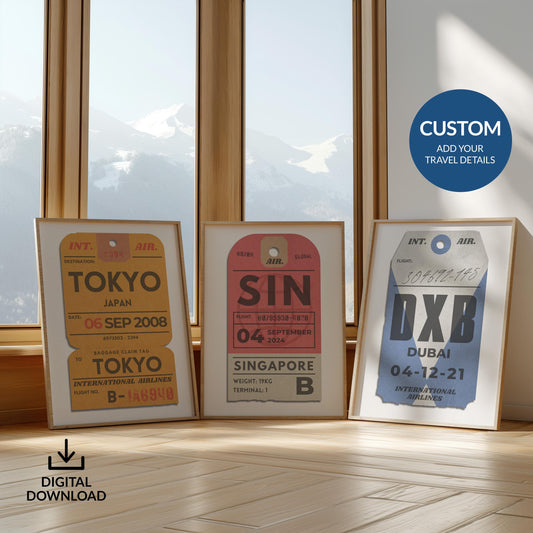 Digital trio airport code travel art prints in red, yellow, and blue, vintage travel trio for flights, holidays, and memories.