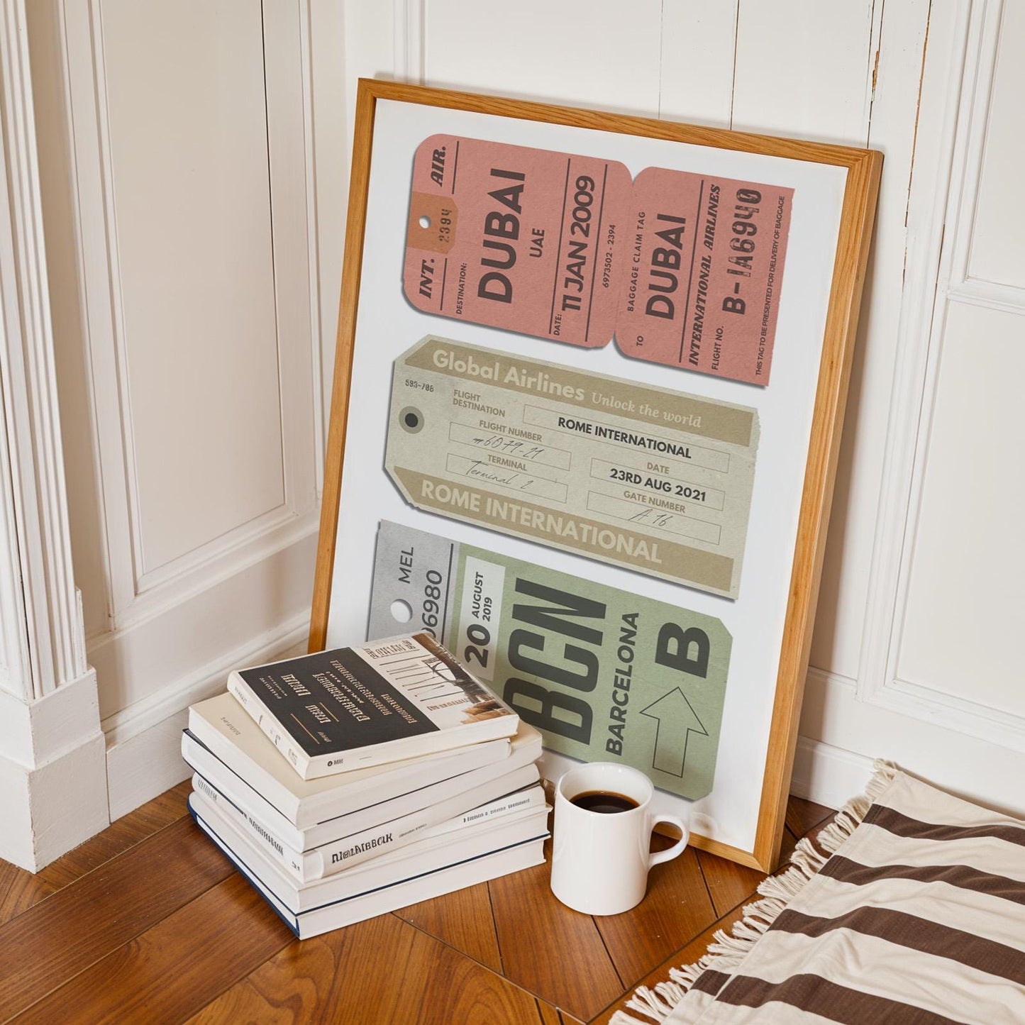 Barcelona, Paris, London, Texas airport code travel art pieces.