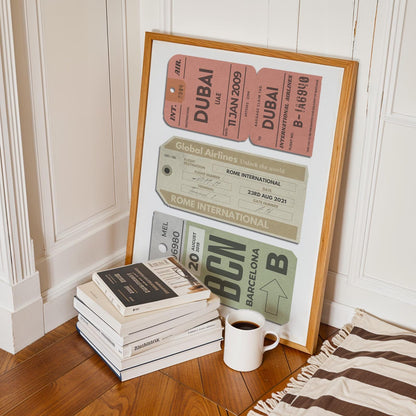 Barcelona, Paris, London, Texas airport code travel art pieces.