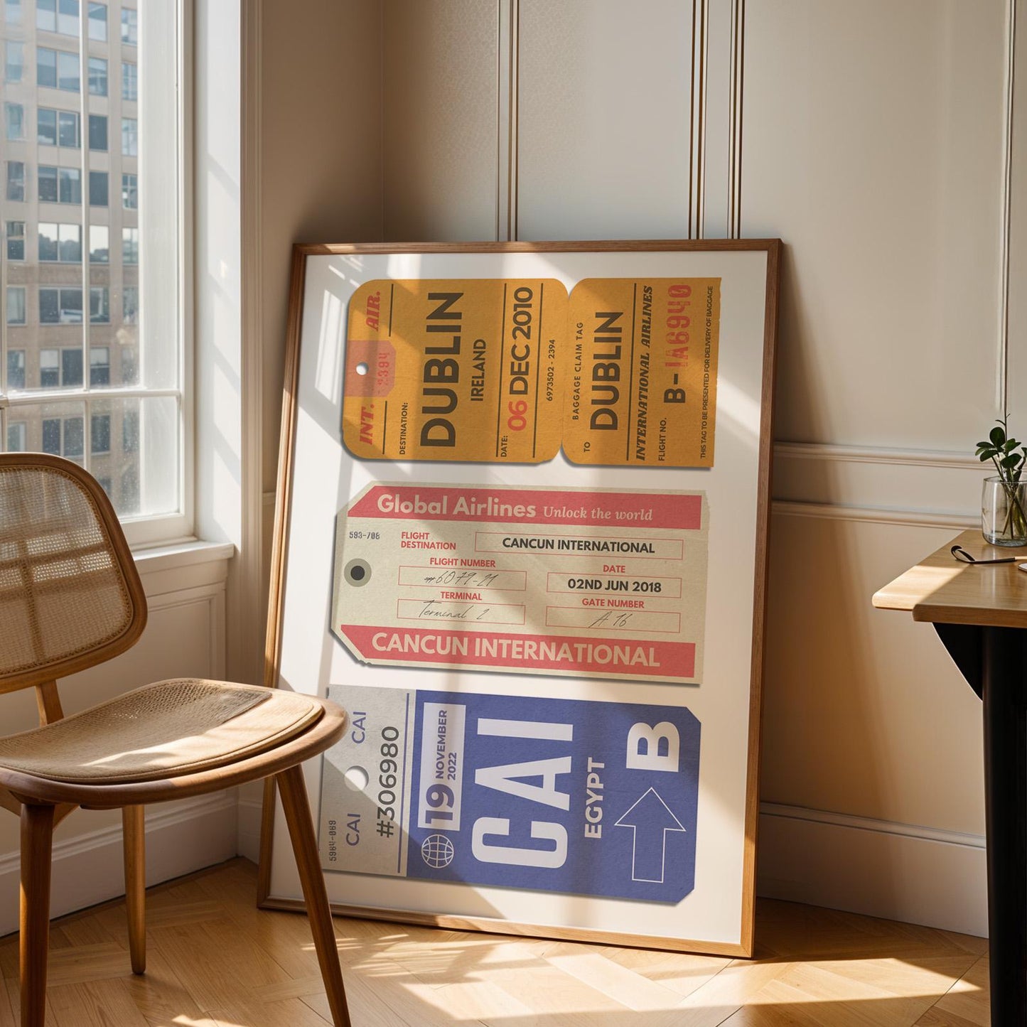 Personalised unique poster with three vintage travel tags, printable print in retro colour schemes for holiday memories.